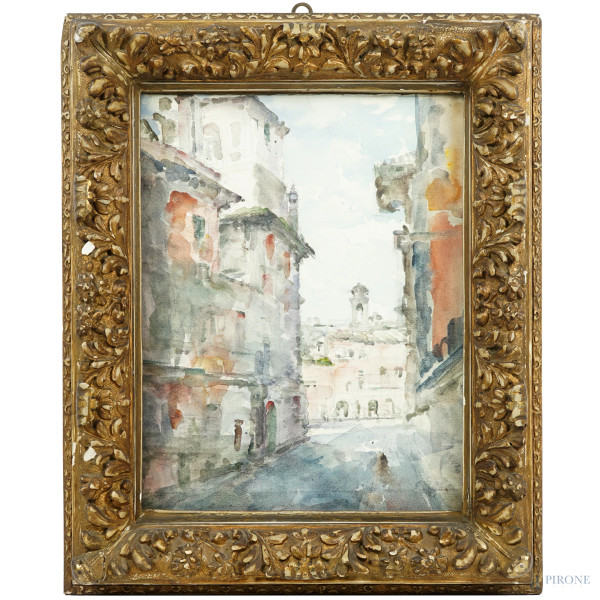 Giulio Brunacci - Scorcio di Roma sparita, acquerello su cartoncino, cm 48x38, entro cornice