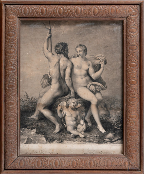 Stampa raffigurante Nettuno e Afrodite, XIX secolo, cm 41x31, entro cornice, (segni di usura, tracce di umidità, foxing, gore, ondulazioni della carta, difetti)