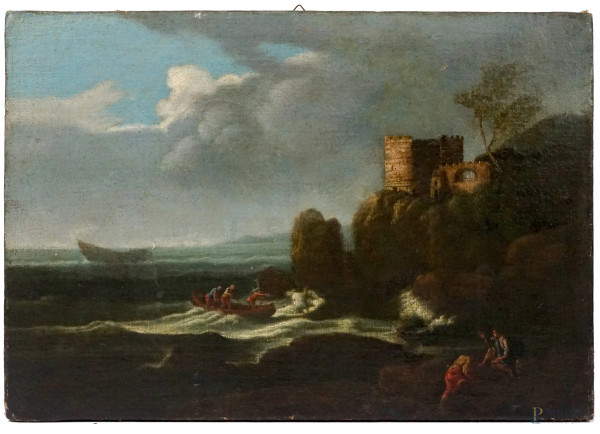 Pittore del XVIII secolo, Marina con pescatori, olio su tela, cm 39x56, (lievi difetti).