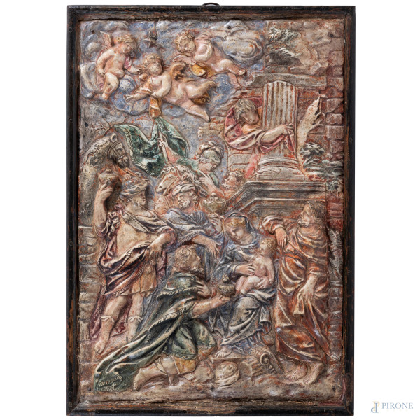 Bassorilievo in gesso smaltato e dipinto raffigurante Sacra Famiglia entro cornice in legno, misure complessive cm 51,5x36,5, (segni di usura del tempo)