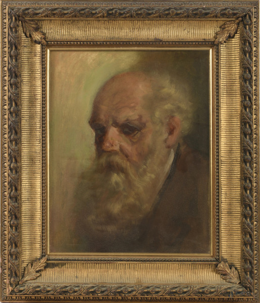 Ritratto di anziano, XX secolo, olio su tela applicato su compensato, cm 49x39, firmato in alto a destra, entro cornice