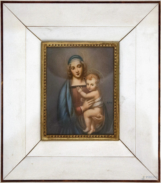 Madonna con bambino, miniatura ad olio su avoriolina 9x7 cm, fine XIX sec, cornice in osso.