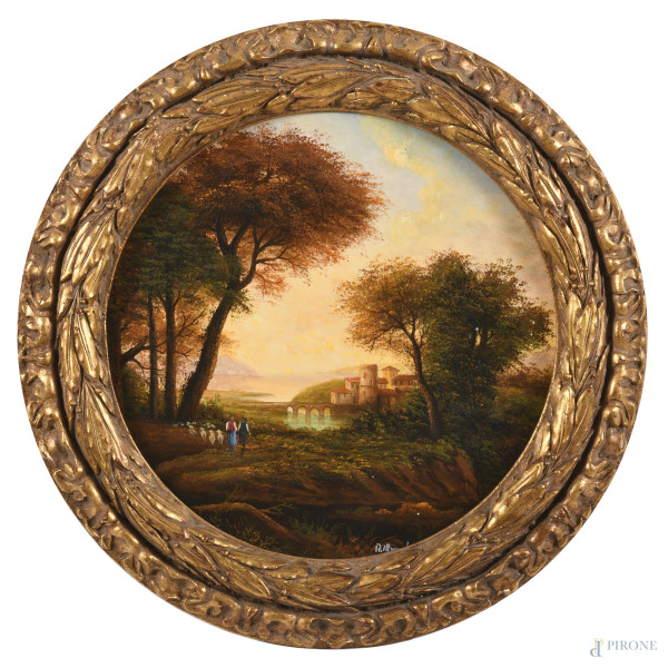 Paesaggio con figure e gregge, XX secolo, olio su tavola a serto circolare, diametro cm 30, firmato in basso a destra,  entro cornice, (lievi segni di usura)