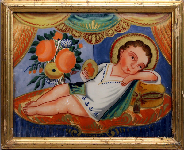 Bambinello, dipinto sottovetro, Scuola pugliese, fine XIX sec., cm 33x42, entro cornice.