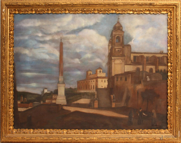 Scorcio di Roma con figure, olio su tela 70x100 cm, entro cornice.