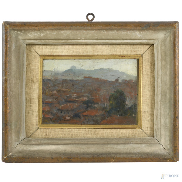 Guelfo Gherlinzoni (1906-1968), Tetti, olio su tavoletta, cm 9,5x13,5, dedicato, firmato e datato "16 giugno 1946" al retro,  entro cornice