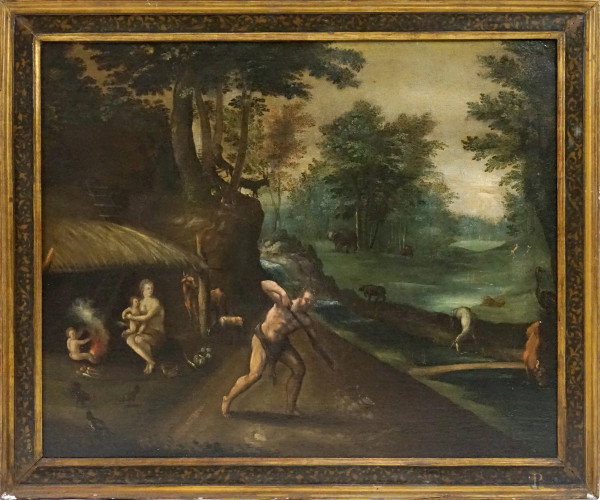 Pittore fiammingo del XVII secolo, Paesaggio fluviale con figure ed animali, olio su tela, cm 66x82,5, entro cornice.