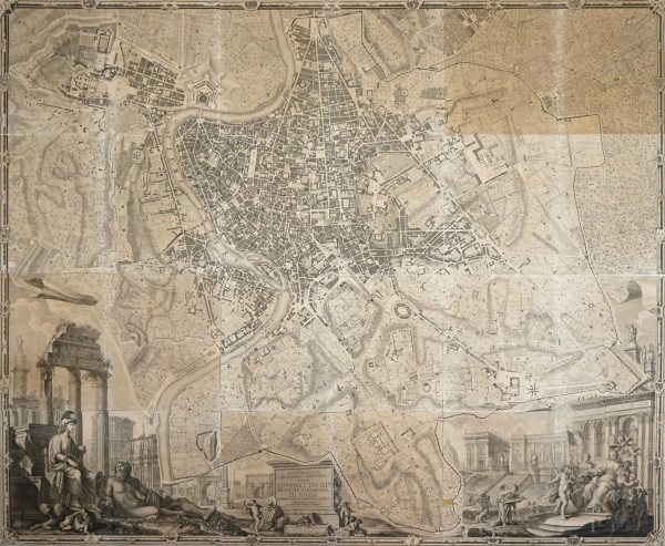 Giovan Battista Nolli, Nuova pianta di Roma, 1748, mappa murale incisa di Roma composta da 24 segmenti uniti in 12 fogli, cm 169x202,7 (piccoli difetti sulla carta, alcuni segmenti hanno tonalità più pallide)