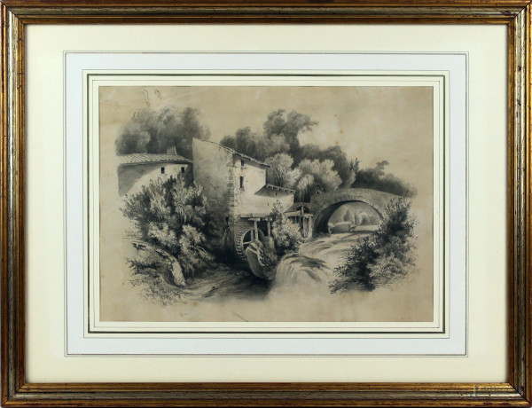 Scorcio di campagna, acquarello su carta, cm 29x40,5, XIX secolo, entro cornice, (macchie).