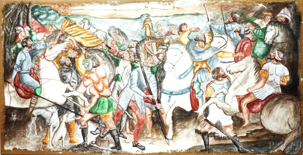 Scena di battaglia tra cavalieri, affresco strappato riportato su tela, XX secolo, cm 90x181