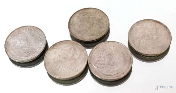 Lotto di cinque monete in argento da 1 rand Sud-Africa.