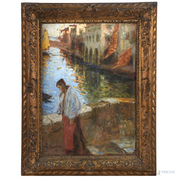 Leonardo Bazzaro (1853-1937), Venezia, olio su tavoletta, cm 46x33,5, firmato in basso a sinistra, entro cornice
