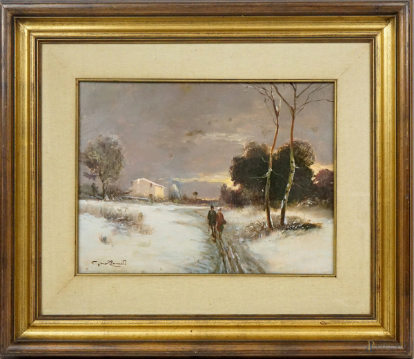 Paesaggio invernale con figure, olio su compensato, cm 30x40, firmato, entro cornice.