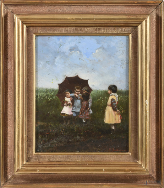 Giochi di bambini, XX secolo, olio su cartone, cm 28x22, firmato in basso a destra, entro cornice, (segni di usura)
