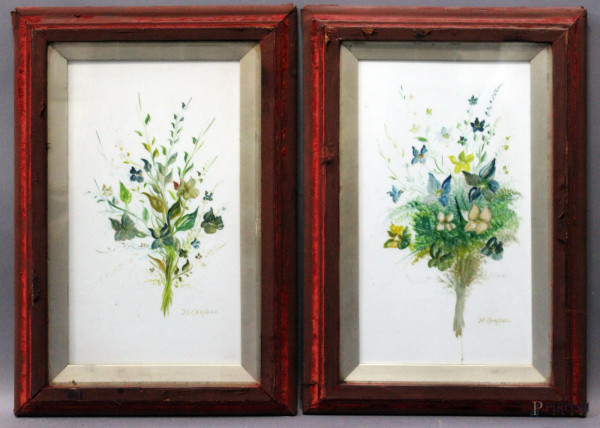 H.Cooper, Composizione floreale, coppia di dipinti su vetro, cm 44 x 24, entro cornici.