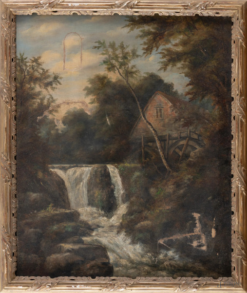 Mulino, olio su tela, XX secolo,  cm 77,5x4,5, entro cornice, (difetti, segni di usura, abrasioni, cadute di colore, restauri)