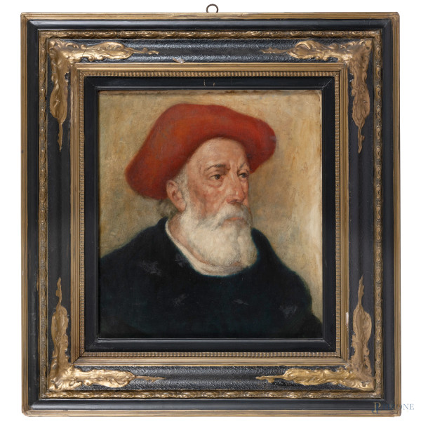 Emilio Rubei (1869-1935), Ritratto di uomo con cappello rosso, olio su carta applicato su tavola, cm 44,5x39, firmato in basso a destra, entro cornice