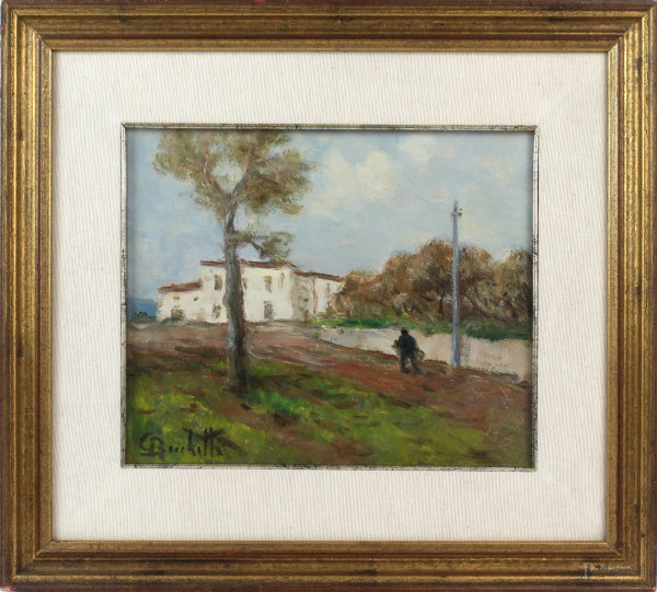 Gaetano Bocchetti - Paesaggio con viandante, olio su tavola, cm. 25x30, entro cornice.