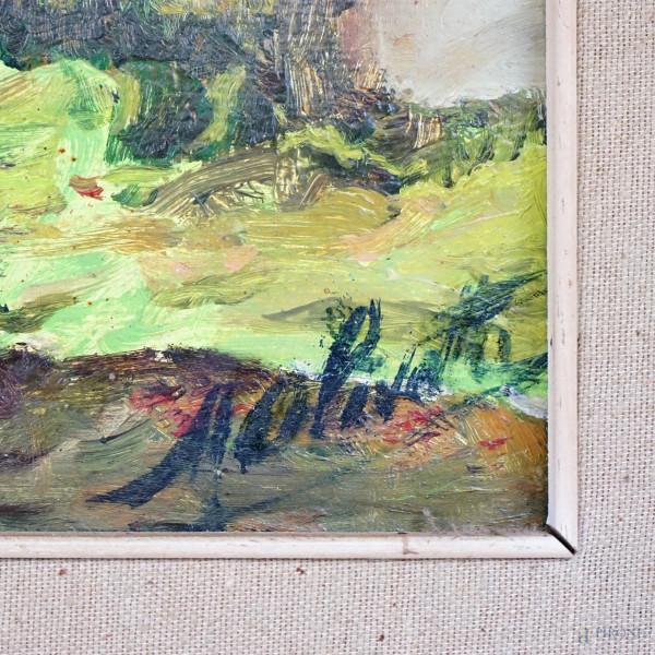 Paesaggio alberato, olio su cartone, cm 25x35, firmato, entro cornice