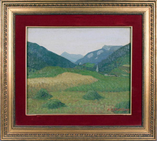 Paesaggio montano, olio su tela, riportata su tavola, cm. 24x29 cm, firmato O. Albertini, entro cornice.