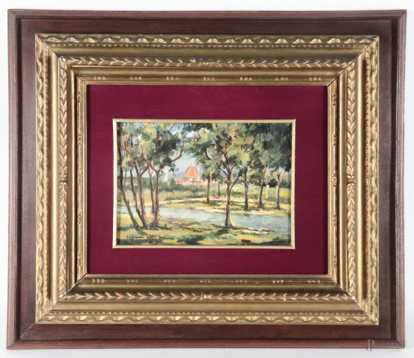 Veduta di Firenze, XX secolo, olio su tavoletta, cm 14,5x20, firmato in basso a sinistra, entro cornice, (segni di usura, lievi cadute di colore)