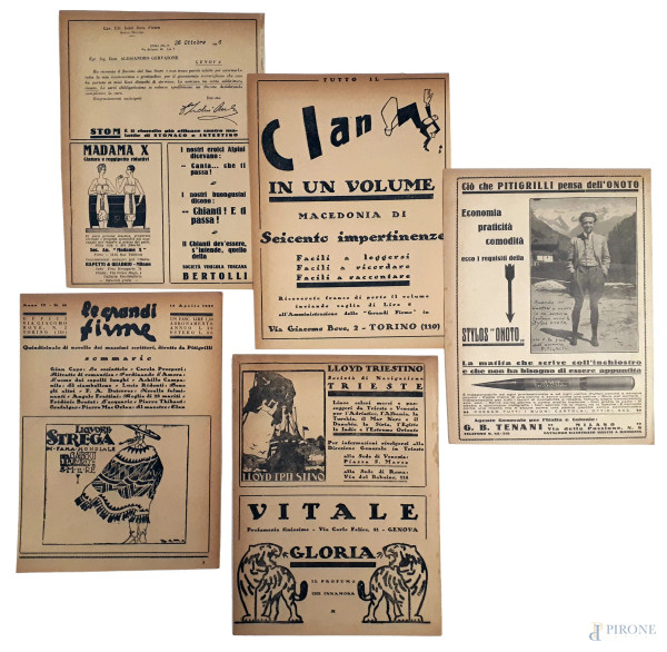 Lotto composto da cinque locandine, inizi XX secolo,  stampa fronte e retro di pubblicità d’epoca, cm 24x18 cadauna.