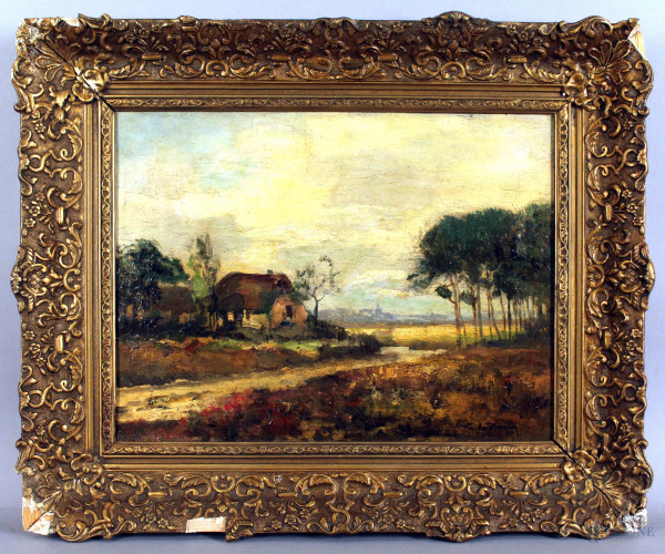 Paesaggio francese, olio su tela, cm. 31x41, firmato, entro cornice.