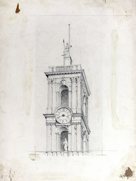Giordano Bruno Galli (XX sec.), raffinato disegno raffigurante antico campanile, 1949, matita su carta, cm 40x29, firmato e datato al retro
