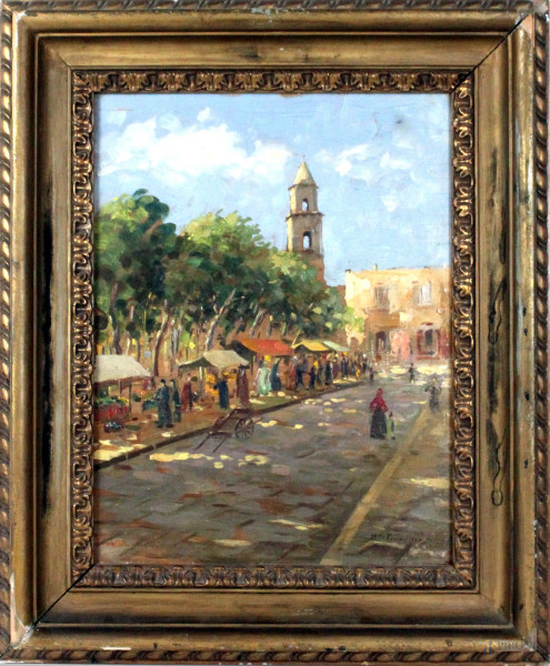 Scorcio di viale con mercato, olio su tavola, cm. 39x30, firmato P.De Francisco, entro cornice