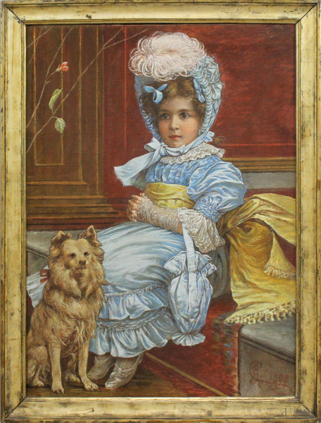 Ritratto di bambina con cane, olio su tela, cm 86x62, siglato e datato 1898, entro cornice.