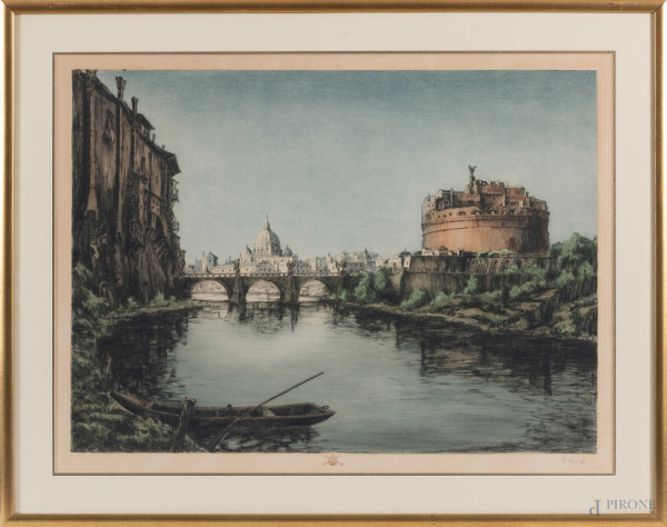 Veduta di Castel Sant'Angelo, XX secolo, incisione a colori, cm 68,5x87,5 compreso passepartout, entro cornice