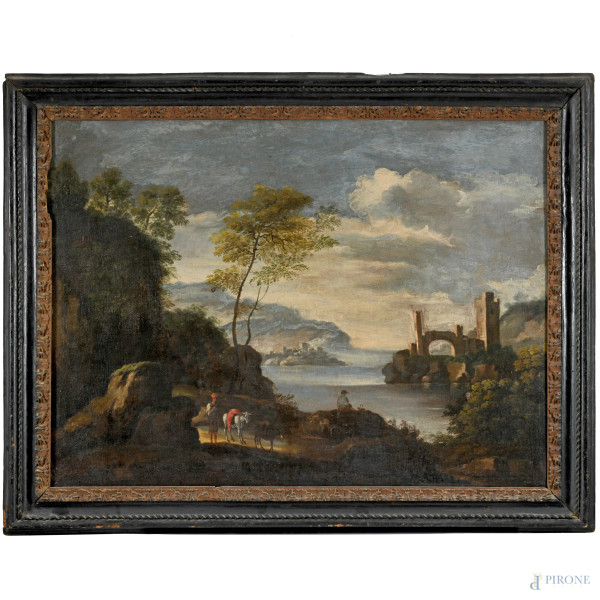 Paesaggio fluviale con figure, XVIII secolo, olio su tela, cm 71x97 entro cornice