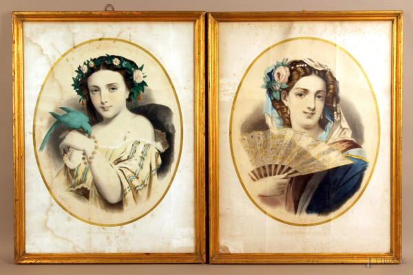 Coppia di stampe colorate, raffiguranti fanciulle ad assetto ovale, Francia fine XIX secolo, cm. 59x45, entro cornice.