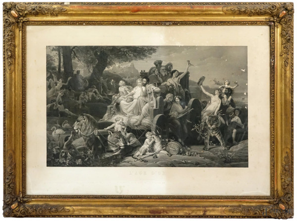Jean Pierre Marie Jazet (Francia 1788 - 1871 ca.), L'Age d'Or, incisione da Frederic Henri Schopin (1804-1880), cm 82,5 x 117,5, entro cornice in stucco