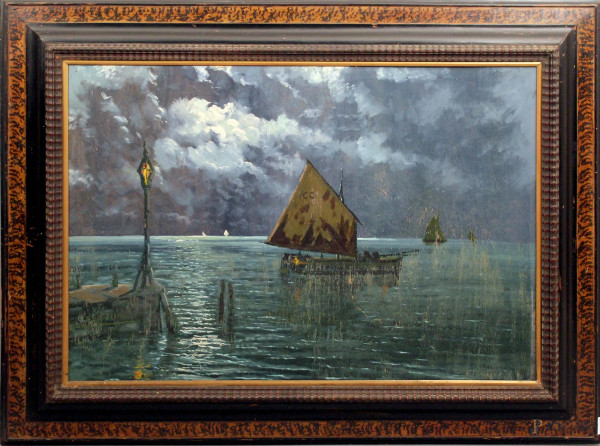 Lago di Lecco con barche, olio su tavola, cm 71x101, firmato, entro cornice, (cadute di colore).