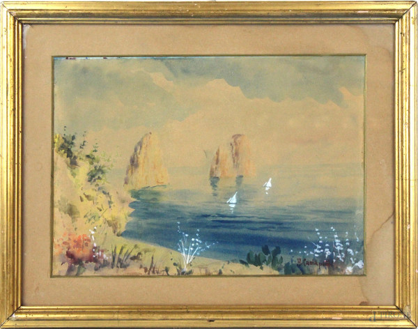Veduta di Capri, acquarello su carta, cm. 24x34, firmato, entro cornice