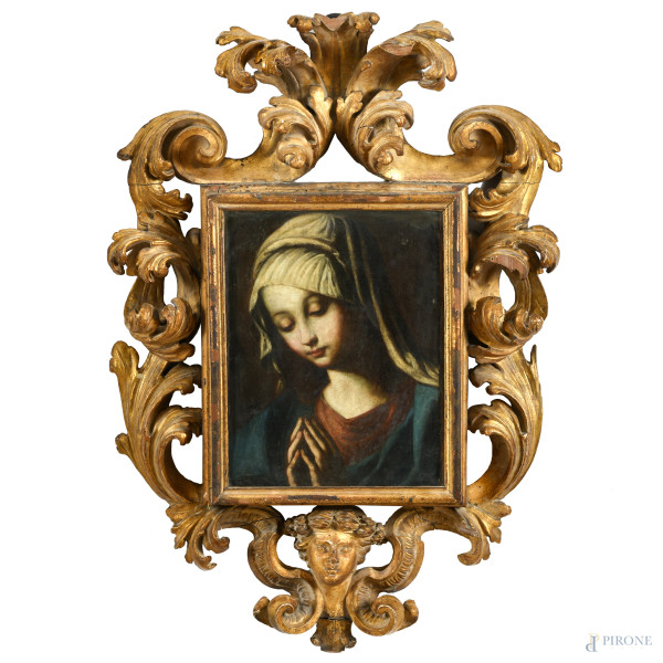 Vergine Orante, XVII-XVIII secolo, olio su tela, cm 43x34, entro cornice, (segni di usura, abrasioni)