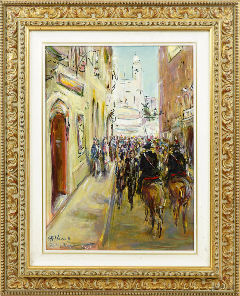 Stellario Baccellieri (1950), Via dei Condotti, olio su cartone, firmato e datato "2001" in basso a sinistra, cm 43,5x32, entro cornice