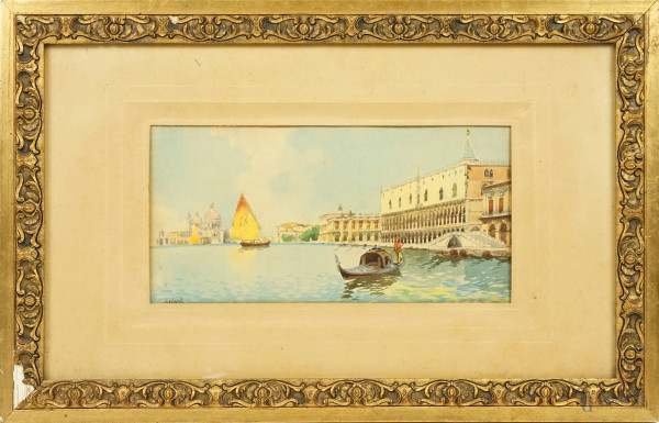 Veduta di Venezia con gondoliere, acquarello su carta, cm 29,5x48,5, firmato, entro cornice.