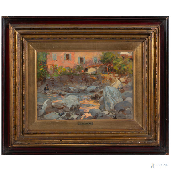 Achille Beltrame (1871-1945), Cittiglio, olio su tavoletta, cm 25x35, firmato in basso a destra, entro cornice