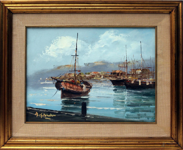 Antonio Giordano, Scorcio di porto, olio su tela, cm 28x38, entro cornice.