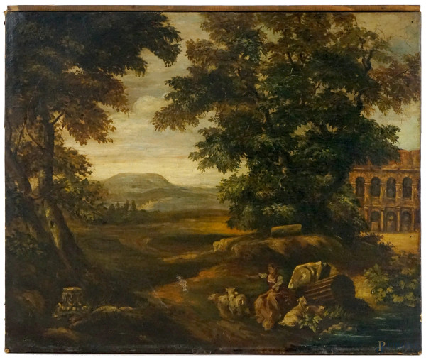 Paesaggio con popolana e rovine, olio su carta applicata su tela, cm 47x58, inizi XX secolo.