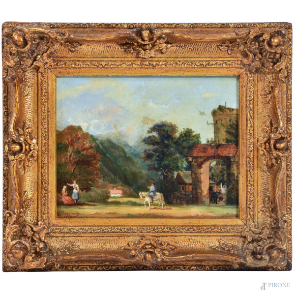 Scorcio di villaggio con figure, olio su tela, cm , firmato e datato, cm 18x23, entro cornice