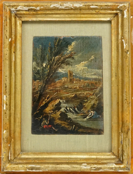 Paesaggio fluviale con rovine e figure, olio su tavola, cm 13,5x10, XIX secolo, entro cornice.