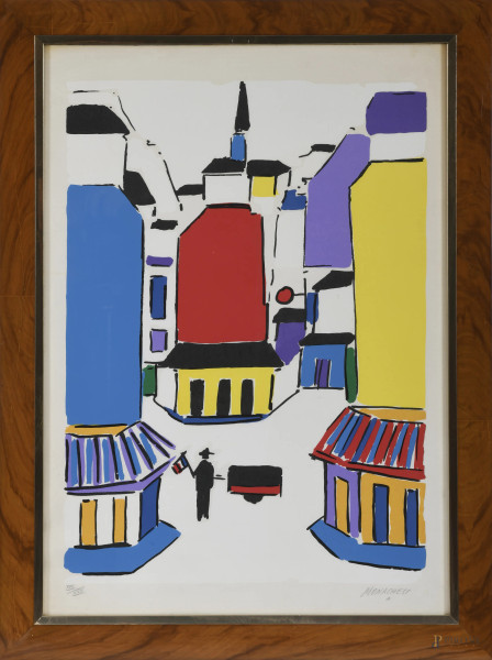 Sante Monachesi (1910 – 1991), Scorcio di città, litografia, es. XXII/30, cm 70x50, firmata in basso a destra, entro cornice