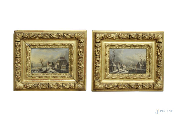 Coppia di paesaggi invernali, dipinti ad olio su tavola, Scuola nord europea, XIX sec., firmati, cm 10 x 14, entro cornice, (cadute di colore).