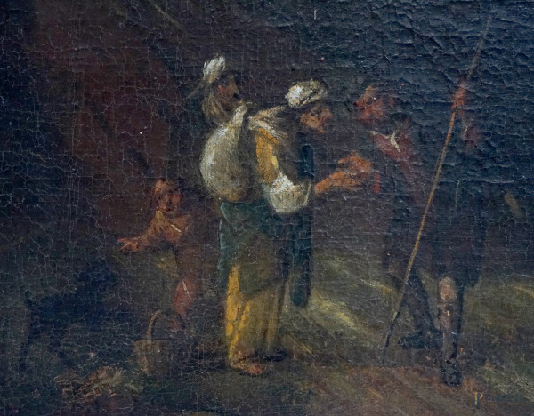 Pittore fiammingo del XVIII secolo, Paesaggio di campagna con figure, villa e sfondo di marina, o...