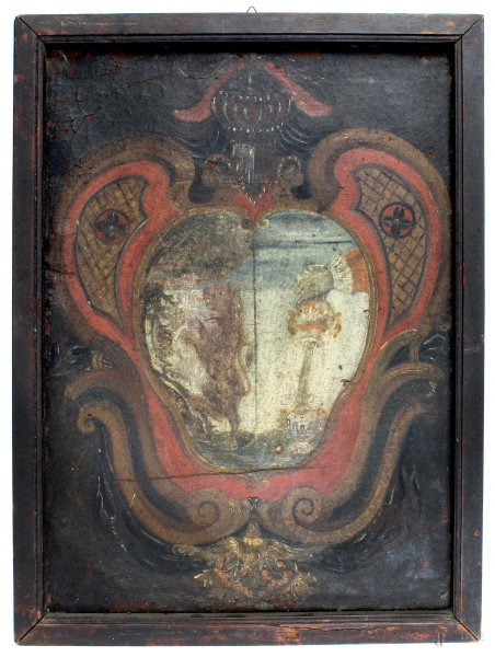 Stemma araldico, olio su tela, cm 71x52, XVII secolo, entro cornice, (difetti)