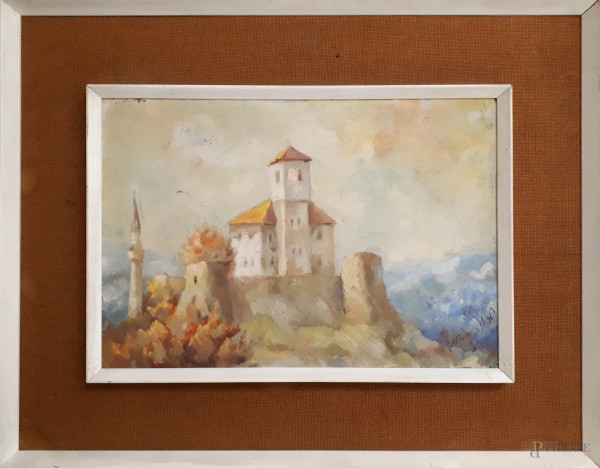 Artista del Novecento, Paesaggio fiabesco con castello, olio su tavola, cm 29x42, con cornice, firmato e datato