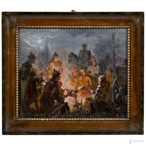 Artista russo del XX secolo, Accampamento, olio su tela, cm 31x38, iscritto e datato "1955" al retro, entro cornice